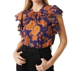 Misa Los Angeles Sz XS ? Blouse Sleeveless Blue Marigold Chiffon Ruffle New